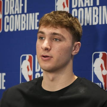 May 14, 2025; Chicago, Il, USA; Cooper Flagg talks to the media during the 2025 NBA Draft Combine at Marriott Marquis Chicago. Mandatory Credit: David Banks-Imagn Images