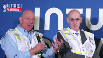 LA Clippers owner Steve Ballmer and NBA commissioner Adam Silver speak during a press conference.