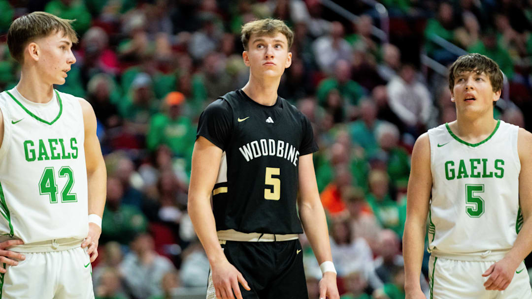 Woodbine's Landon Blum during the IHSAA Class 1A state quarterfinal on Wednesday, March 12, 2025, at Wells Fargo Arena.