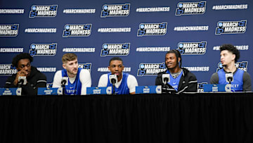 Mar 20, 2025; Milwaukee, WI, USA;  Kentucky Wildcats center Amari Williams, forward Andrew Carr, guard Lamont Butler, guard Otega Oweh and guard Koby Brea speak during an NCAA Tournament First Round Practice press conference at Fiserv Forum. Mandatory Credit: Jeff Hanisch-Imagn Images