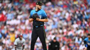 May 17, 2024; Philadelphia, Pennsylvania, USA; Philadelphia Phillies starting pitcher Zack Wheeler (45) checks a runner against the Washington Nationals in the second inning at Citizens Bank Park.