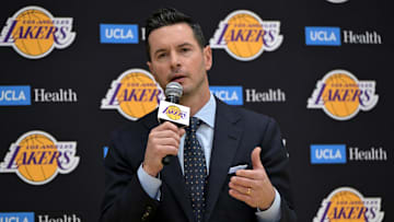 Jun 24, 2024; El Segundo, CA, USA; Los Angeles Lakers head coach JJ Redick speaks to the media during an introductory news conference at the UCLA Health Training Center. Mandatory Credit: Jayne Kamin-Oncea-USA TODAY Sports