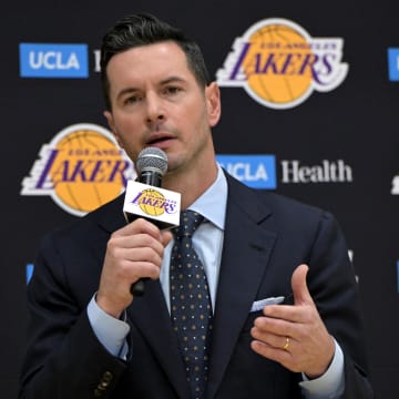 Jun 24, 2024; El Segundo, CA, USA; Los Angeles Lakers head coach JJ Redick speaks to the media during an introductory news conference at the UCLA Health Training Center. Mandatory Credit: Jayne Kamin-Oncea-USA TODAY Sports