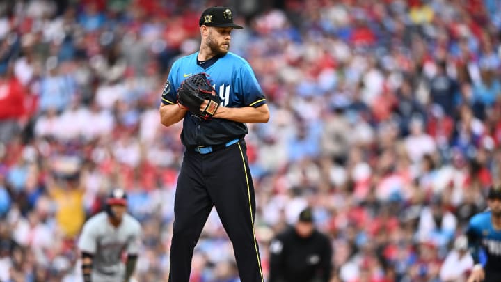 May 17, 2024; Philadelphia, Pennsylvania, USA; Philadelphia Phillies starting pitcher Zack Wheeler (45) checks a runner against the Washington Nationals in the second inning at Citizens Bank Park.