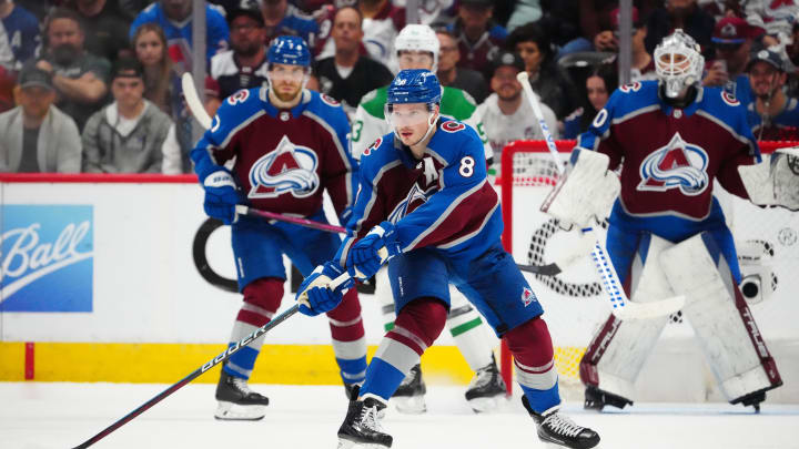 eMay 17, 2024; Denver, Colorado, USA; Colorado Avalanche defenseman Cale Makar (8) during the second period against the Dallas Stars in game six of the second round of the 2024 Stanley Cup Playoffs at Ball Arena. Mandatory Credit: Ron Chenoy-USA TODAY Sports