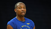 Dec 15, 2024; San Francisco, California, USA; Golden State Warriors forward Jonathan Kuminga (00) before the game against the Dallas Mavericks at Chase Center. Mandatory Credit: Darren Yamashita-Imagn Images