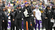 Nov 23, 2025; Green Bay, Wisconsin, USA; Minnesota Vikings head coach Kevin O'Connell on the sidelines against the Green Bay Packers during the first half at Lambeau Field. Mandatory Credit: Jeff Hanisch-Imagn Images