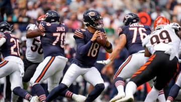 Chicago Bears quarterback Caleb Williams (18) drops back to throw in the first quarter of the NFL Preseason Week 2 game between the Chicago Bears and the Cincinnati Bengals at Soldier Field in downtown Chicago on Saturday, Aug. 17, 2024. The Bears led 10-3 at halftime.