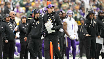 Nov 23, 2025; Green Bay, Wisconsin, USA; Minnesota Vikings head coach Kevin O'Connell on the sidelines against the Green Bay Packers during the first half at Lambeau Field. Mandatory Credit: Jeff Hanisch-Imagn Images
