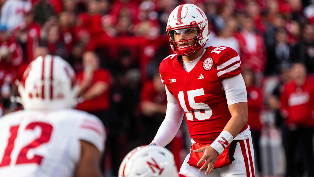 Nov 23, 2024; Lincoln, Nebraska, USA; Nebraska Cornhuskers quarterback Dylan Raiola (15) waits for a snap against the Wisconsin Badgers during the first quarter at Memorial Stadium. Mandatory Credit: Dylan Widger-Imagn Images
