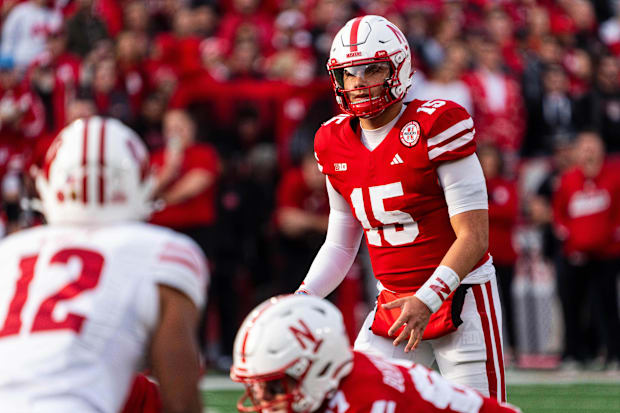 Nebraska Cornhuskers quarterback Dylan Raiola (15) waits for a snap against the Wisconsin Badgers.