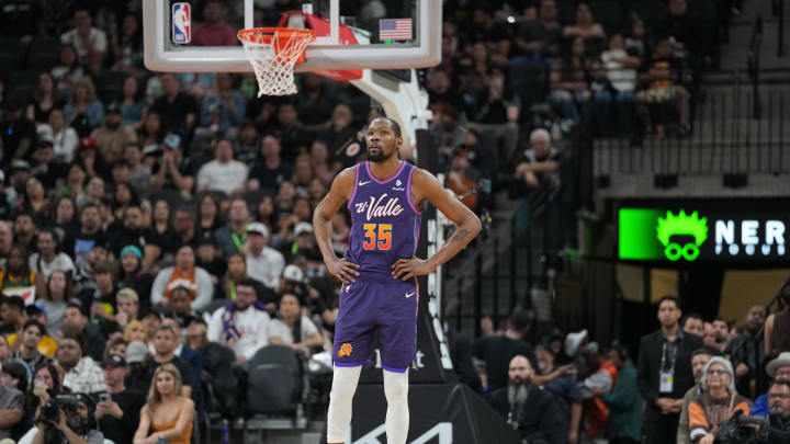 Mar 25, 2024; San Antonio, Texas, USA;  Phoenix Suns forward Kevin Durant (35) looks up the court in the second half against the San Antonio Spurs at Frost Bank Center. Mandatory Credit: Daniel Dunn-USA TODAY Sports