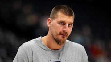 Nov 5, 2025; Denver, Colorado, USA; Denver Nuggets center Nikola Jokic (15) before game against the Miami Heat at Ball Arena. 