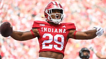 Sep 6, 2025; Bloomington, Indiana, USA; Indiana Hoosiers running back Lee Beebe Jr. (29) celebrates after running for a touchdown during the first half against the Kennesaw State Owls at Memorial Stadium. Mandatory Credit: Robert Goddin-Imagn Images
