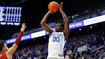 Jan 18, 2025; Lexington, Kentucky, USA; Kentucky Wildcats guard Otega Oweh (00) shoots the ball during the second half against the Alabama Crimson Tide at Rupp Arena at Central Bank Center. Mandatory Credit: Jordan Prather-Imagn Images
