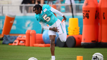 Aug 6, 2024; Miami Gardens, FL, USA; Miami Dolphins cornerback Jalen Ramsey (5) works out during a joint practice with the Atlanta Falcons at Baptist Health Training Complex. Mandatory Credit: Sam Navarro-Imagn Images