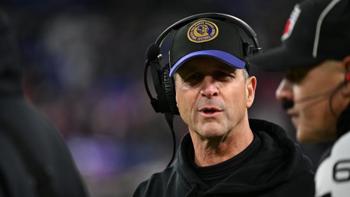 Jan 28, 2024; Baltimore, Maryland, USA; Baltimore Ravens head coach John Harbaugh questions a call against the Kansas City Chiefs during the second half in the AFC Championship football game at M&T Bank Stadium. Mandatory Credit: Tommy Gilligan-USA TODAY Sports