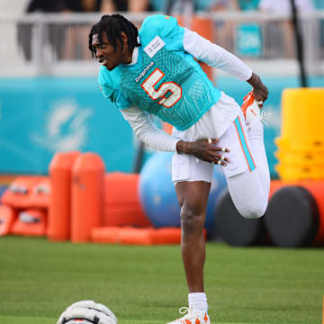 Miami Dolphins cornerback Jalen Ramsey (5) works out during a joint practice with the Atlanta Falcons at Baptist Health Training Complex.