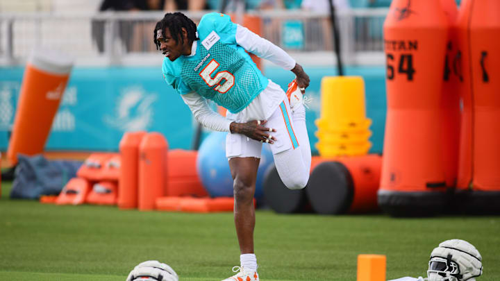 Miami Dolphins cornerback Jalen Ramsey (5) works out during a joint practice with the Atlanta Falcons at Baptist Health Training Complex.