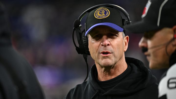Jan 28, 2024; Baltimore, Maryland, USA; Baltimore Ravens head coach John Harbaugh questions a call against the Kansas City Chiefs during the second half in the AFC Championship football game at M&T Bank Stadium. Mandatory Credit: Tommy Gilligan-USA TODAY Sports