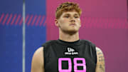 Feb 28, 2025; Indianapolis, IN, USA;  Oregon tight end Terrance Ferguson (TE08) looks on during the 2025 NFL Combine at Lucas Oil Stadium. Mandatory Credit: Kirby Lee-Imagn Images