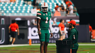 Nov 2, 2024; Miami Gardens, Florida, USA; Miami Hurricanes quarterback Cam Ward (1) looks on before the game against the Duke Blue Devils at Hard Rock Stadium. Mandatory Credit: Sam Navarro-Imagn Images