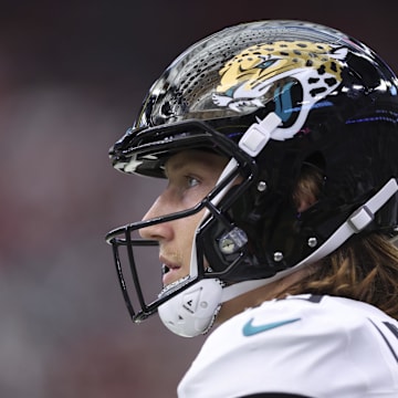 Nov 9, 2025; Houston, Texas, USA; Jacksonville Jaguars quarterback Trevor Lawrence (16) looks on from the sideline during the fourth quarter against the Houston Texans at NRG Stadium. Mandatory Credit: Troy Taormina-Imagn Images