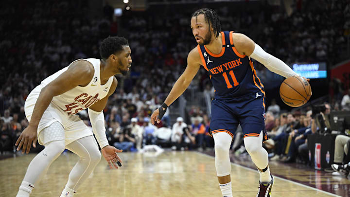 Apr 26, 2023; Cleveland, Ohio, USA; Cleveland Cavaliers guard Donovan Mitchell (45) defends New York Knicks guard Jalen Brunson (11) in the third quarter during game five of the 2023 NBA playoffs at Rocket Mortgage FieldHouse. Mandatory Credit: David Richard-Imagn Images