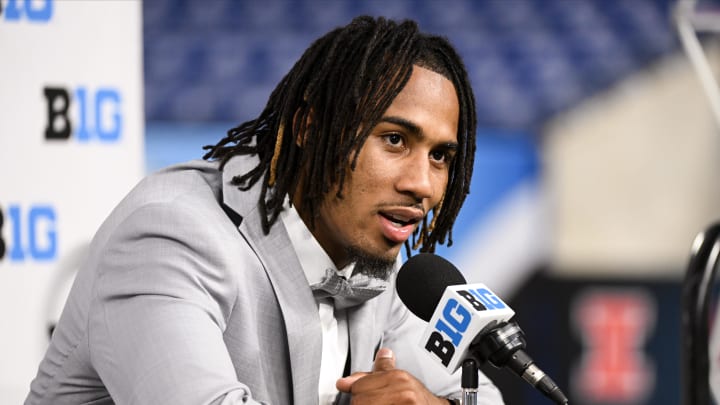 Jul 23, 2024; Indianapolis, IN, USA; Illinois Fighting Illini wide receiver Pat Bryant speaks to the media during the Big 10 football media day at Lucas Oil Stadium. Mandatory Credit: Robert Goddin-USA TODAY Sports