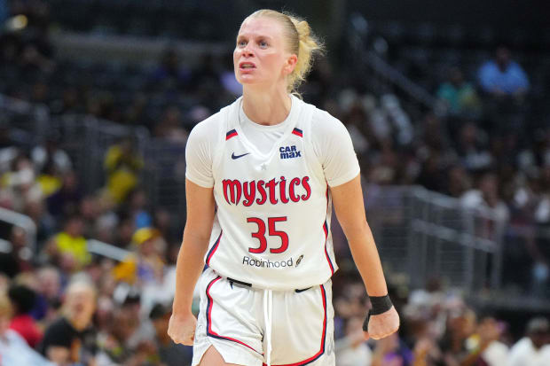 Washington Mystics guard Julie Vanloo reacts to a play against the Los Angeles Sparks. 