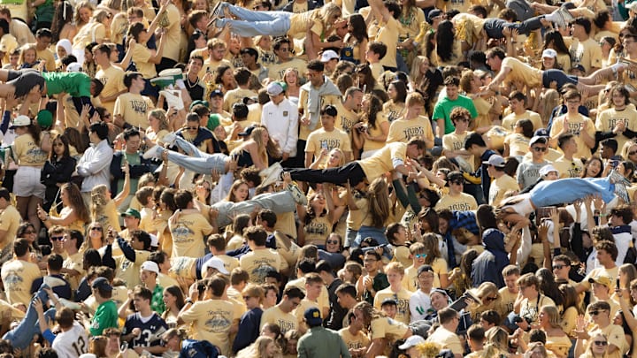 Notre Dame fans are lifted up after a Notre Dame touchdown during a NCAA college football game between Notre Dame and Northern Illinois at Notre Dame Stadium on Saturday, Sept. 7, 2024, in South Bend.