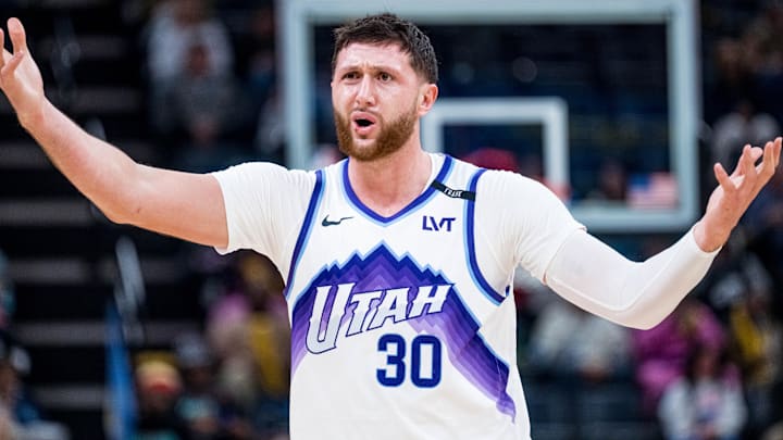 Dec 12, 2025; Memphis, Tennessee, USA; Utah Jazz center Jusuf Nurkic (30) questions the foul call in the first quarter against the Memphis Grizzlies at FedExForum. Mandatory Credit: Matthew Smith-Imagn Images
