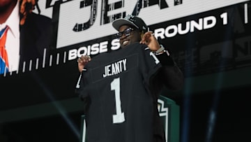 Apr 24, 2025; Green Bay, WI, USA; Boise State Broncos running back Ashton Jeanty is selected by the Las Vegas Raiders as the number six pick in the first round of the 2025 NFL Draft at Lambeau Field. Mandatory Credit: Kirby Lee-Imagn Images