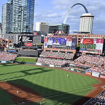 Aug 5, 2023; St. Louis, Missouri, USA;  A general view of Busch Stadium during the first inning of a game between the St. Louis Cardinals and the Colorado Rockies. Mandatory Credit: Jeff Curry-Imagn Images