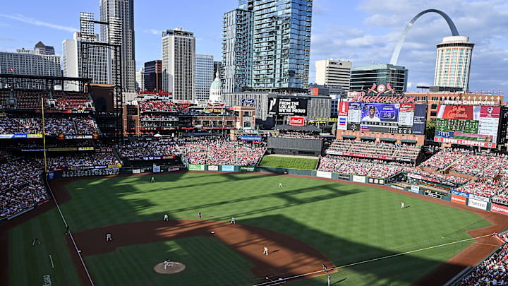 Aug 5, 2023; St. Louis, Missouri, USA;  A general view of Busch Stadium during the first inning of a game between the St. Louis Cardinals and the Colorado Rockies. Mandatory Credit: Jeff Curry-Imagn Images