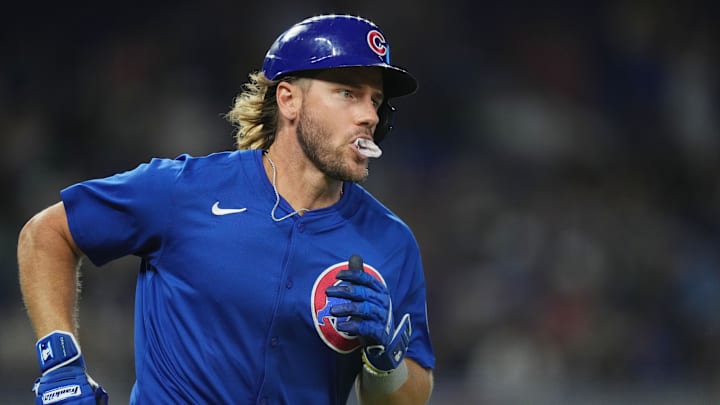 Aug 24, 2024; Miami, Florida, USA;  Chicago Cubs first base Patrick Wisdom (16) rounds the bases after hitting a two-run home run in the ninth inning against the Miami Marlins at loanDepot Park. 