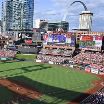 Aug 5, 2023; St. Louis, Missouri, USA;  A general view of Busch Stadium during the first inning of a game between the St. Louis Cardinals and the Colorado Rockies. Mandatory Credit: Jeff Curry-USA TODAY Sports