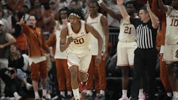 Feb 11, 2025; Austin, Texas, USA; Texas Longhorns guard Tre Johnson (20) reacts after scoring three pointer during the second half against the Alabama Crimson Tide at Moody Center. Mandatory Credit: Scott Wachter-Imagn Images