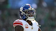 Oct 26, 2025; Philadelphia, Pennsylvania, USA; New York Giants linebacker Brian Burns (0) looks on in the first quarter against the Philadelphia Eagles at Lincoln Financial Field.