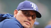 Tampa Bay Rays manager Kevin Cash (16) watches first inning action against the Baltimore Orioles at Oriole Park at Camden Yards. 