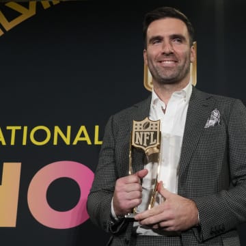 Feb 8, 2024; Las Vegas, NV, USA; Joe Flacco during the NFL Hall of Fame Class of 2024 press conference at Resorts World Theatre. Mandatory Credit: Kirby Lee-USA TODAY Sports