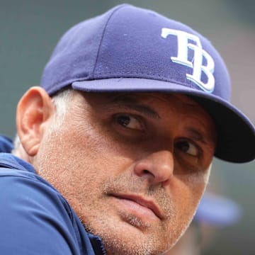 Tampa Bay Rays manager Kevin Cash (16) watches first inning action against the Baltimore Orioles at Oriole Park at Camden Yards. 