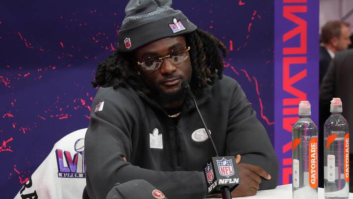 Feb 5, 2024; Las Vegas, NV, USA; San Francisco 49ers wide receiver Brandon Aiyuk (11) during Super Bowl LVIII Opening Night at Allegiant Stadium. Mandatory Credit: Kirby Lee-Imagn Images