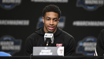 Mar 26, 2025; San Francisco, CA, USA; Texas Tech Red Raiders guard Chance McMillian (0) addresses the media in a press conference during NCAA Tournament West Regional Practice at Chase Center. Mandatory Credit: Eakin Howard-Imagn Images
