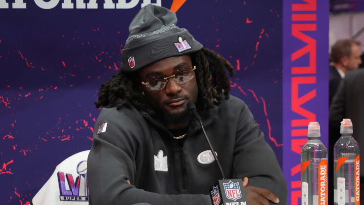 Feb 5, 2024; Las Vegas, NV, USA; San Francisco 49ers wide receiver Brandon Aiyuk (11) during Super Bowl LVIII Opening Night at Allegiant Stadium. Mandatory Credit: Kirby Lee-USA TODAY Sports