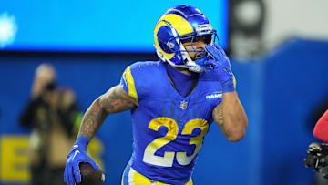 Dec 21, 2023; Inglewood, California, USA; Los Angeles Rams running back Kyren Williams (23) reacts