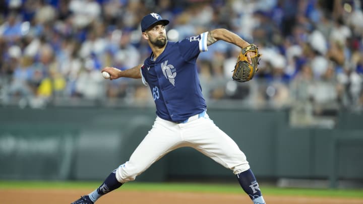 Jun 7, 2024; Kansas City, Missouri, USA; Kansas City Royals relief pitcher Nick Anderson (63) pitches during the eighth inning against the Seattle Mariners at Kauffman Stadium. Mandatory Credit: Jay Biggerstaff-USA TODAY Sports