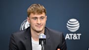 Dallas Mavericks first overall pick Cooper Flagg speaks to the media during a press conference.