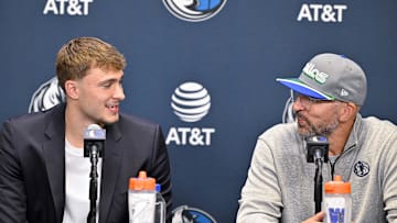 Jun 27, 2025; Dallas, TX, USA; Dallas Mavericks first overall pick Cooper Flagg (left) smiles with head coach Jason Kidd (right) at a press conference at the Dallas Mavericks Practice Facility. Mandatory Credit: Jerome Miron-Imagn Images