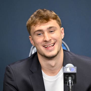 Dallas Mavericks first overall pick Cooper Flagg speaks to the media during a press conference.
